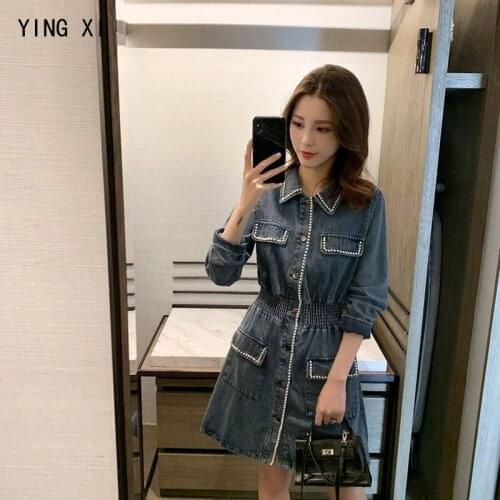 YING XI 2020 Spring Casual Long Sleeves Turn-down Collar Blue Jean Elastic Waist Above Knee Mini Women Dress Beading