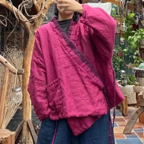 Johnature Women Warm Cotton Patchwork Rose Red Coat V-Neck Parkas 2021 Spring Chinese Style New Loose Retro Women Vintage Parkas