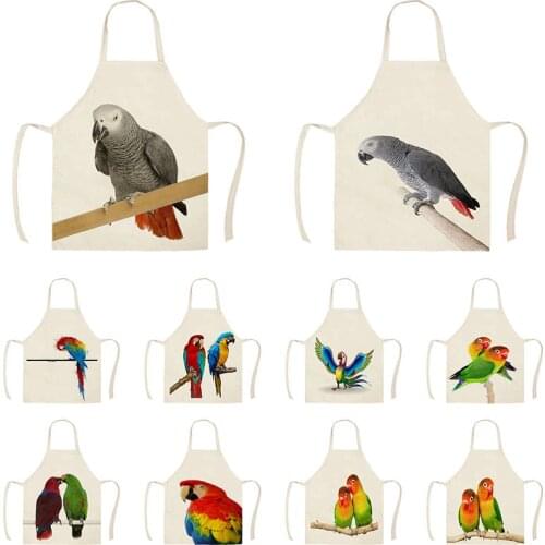 1pc Linen Cartoon Parrot Print Kitchen Aprons Unisex Dinner Party Cooking Bib Funny Pinafore Cleaning Apron WQB131