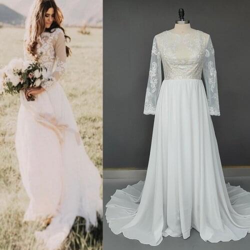 11186#Scoop Long Sleeve Bridal Dress Sweep Train Lace Vintage Bohemian Boho Beach Wedding Dress Wedding Gown Bridal Gown