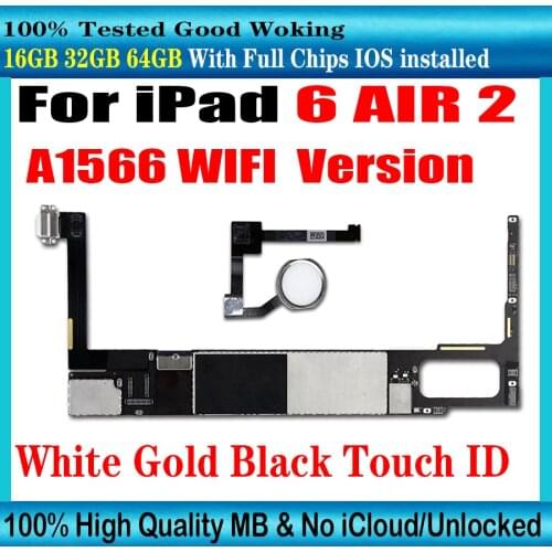 A1566 Wifi version logic board for ipad 6 AIR 2 motherboard with touch ID for ipad 6 AIR A1566 16gb 32gb 64gb 128g NO iCloud