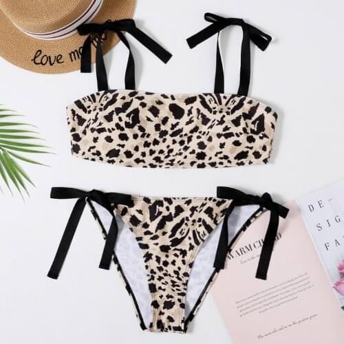 2pcs Women Swimsuits Bikini Set Push-Up Padded Tube Top Mid Waist Leopard Striped Print Bandage Swimwear Sexy Beachwear 2021