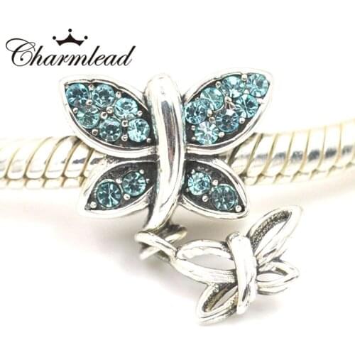 Charmlead 925 Sterling Silver Bead Blue Stone Butterfly Charms Pendant fits Charms Bracelet DIY Jewelry