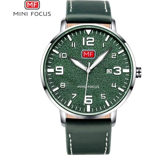 MINI FOCUS Army Sport Ultra Thin Quartz Watches Men Leather Strap Military Waterproof Wristwatch Man Clock Relogios 0158G Green