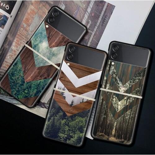 For Samsung Galaxy Z Flip 3 5G Case Luxury Matte Black Hard Phone Cover ZFlip 3 Shockproof Fundas Forest Geometry Wood Nature