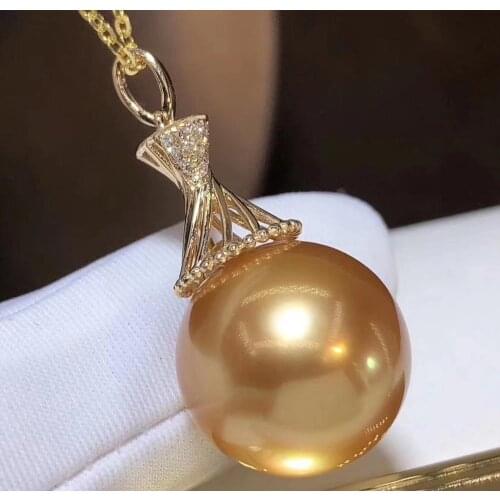D408 Pearl Pendant Fine Jewelry Solid 18k Gold Diamonds Natural 13-14mm Ocean Sea Water Golden Pearls Pendants Necklaces
