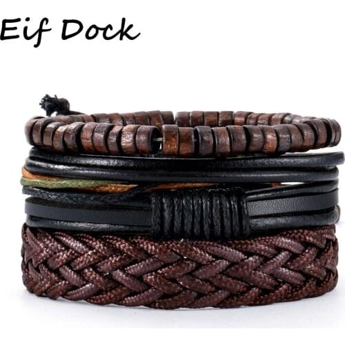 Eif Dock 4 Pcs/set Wood Beads Charm Handmade Woven Men Leather Bracelets Women Vintage Bangle Male Homme Jewelry Accessories