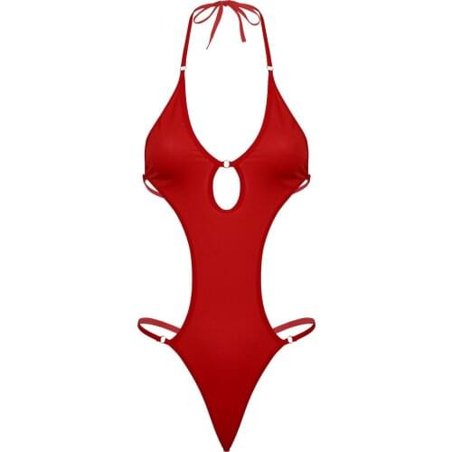 Erotic Lingerie Bodysuit for Sexy Womens Lace-Up Halter Neck Hollow Out One-Piece Bikini Swimsuit Ladies Bathing Suit Clothes