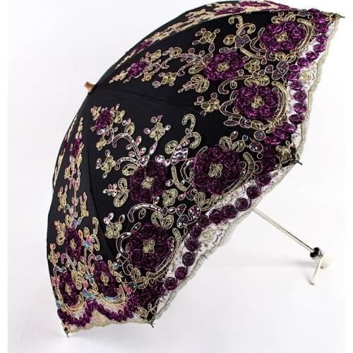 Lace Umbrella Embroidery Umbrella Lace Rain Umbrella Ladies Folding Double Black Coating UV Protection