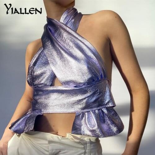 Yiallen Summer Faux PU Leather Sexy Halter Camisole Women Backless Skinny Hipster Vacation Clubwear Sleeveless Wild Tank Tops