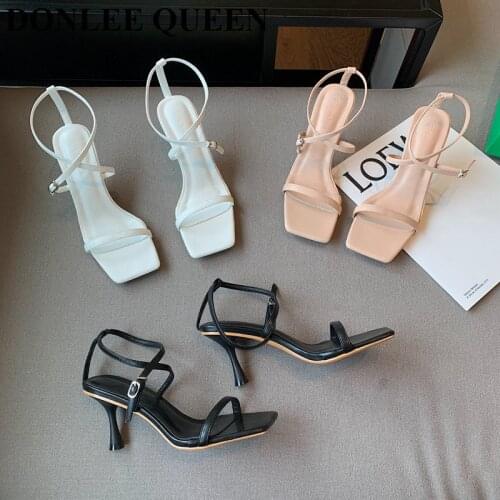 Fashion Brand Sandals Women Narrow Band Vintage Square Toe High Heel Buckle Strap Sandal Dress Shoes Female Pumps Sandales Mujer
