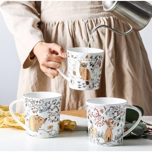 Cartoon Matt Ceramic Mug Breakfast Cup Milk Water Cup Animal Owl Rabbit Hedgehog Flower Vine Mug Multi-purpose High-value Mug