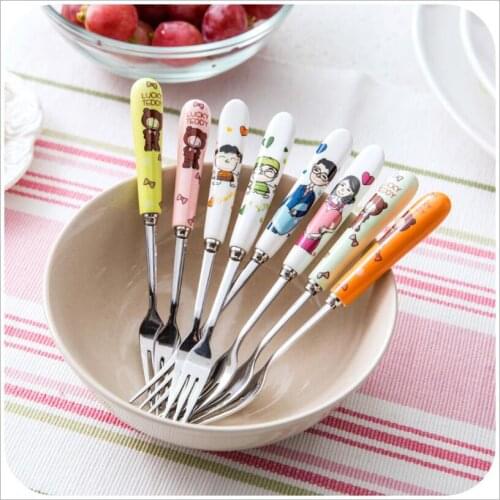 New Cartoon Dessert Vegetable Fruit Forks Stainless Steel Cutlery Ceramic Handle Fruit Fork