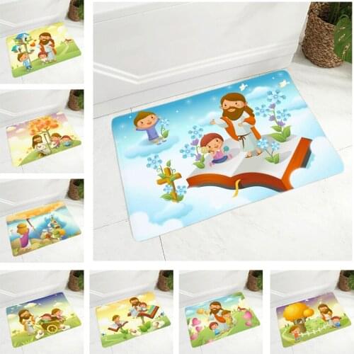 Cartoon Jesus Bible Doormat for Hallway Children Room Decor Cute Floor Door Mat Non-Slip Super Soft Flannel Rug 40x60cm