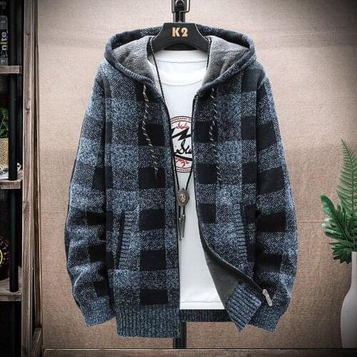 Mens Plaid Sweater Jacket 2021 New Plus Velvet Thick Warm Zipper Wool Cardigan Mens Long-sleeved Hooded Sweater Jacket