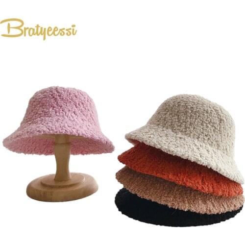 New Kids Girls Hat Cotton Spring Winter Fleece Kids Cap For Girls Fashion Solid Color Plush Warm Bucket Hat Baby Accessories
