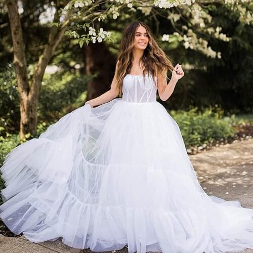 Sexy Tulle Dress Flowy Long Train Spaghetti Straps Sleeveless Wedding Dresses 2021 Multi Layers Corset Bustier Bridal Gown