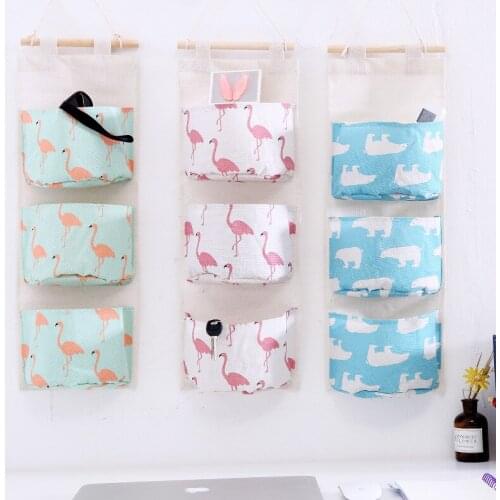 Flamingo Pattern Cotton Linen Hanging Storage Bag 3 Pockets Wall Mounted Wardrobe Hang Bag Pouch Cosmetic Toys Makeup Organizer