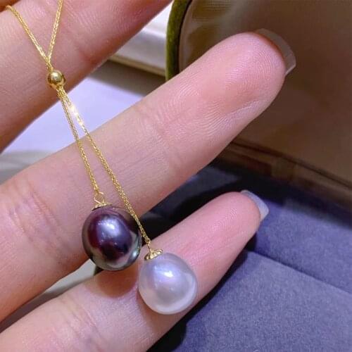 Natural Ocean 10mm Drop Shape Black And White Pearl Pendant Necklaces ,18K Yellow Gold Adjustable Chain for Women Fine Pendants