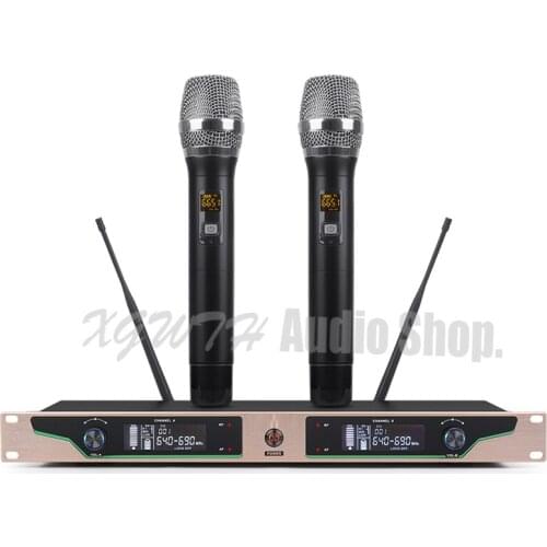 Professional UHF Wireless Microphone System Dynamic Cardioid Handheld Mic Dual Channels Cordless Digital Receiver For Church