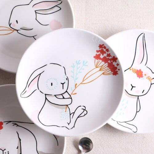 Cute Cartoon Rabbit Ceramic Plate Nordic Style Cake Dinner Dish Creative Bone Porcelain Cattle Drainage Fruit Plate Dessert Dish