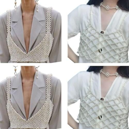 Womens Sexy Handmade Imitation Pearls Beading Crop Top Exterior Vest Hollow Out Grid Camisole Decoration Night Party Clubwear