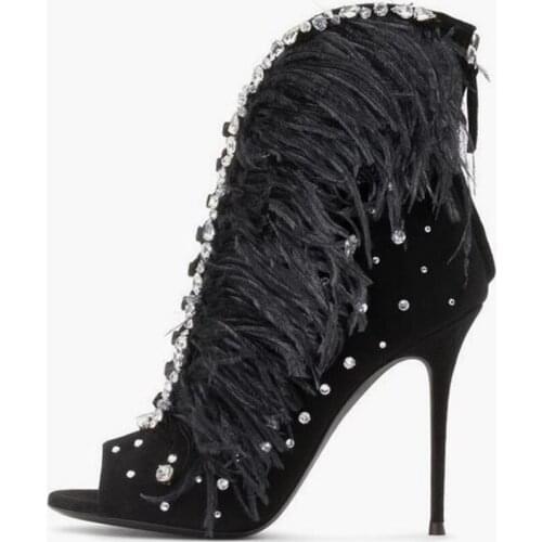 Women Summer Shoes 2018 Feathers Crystal Beading Decor High Ladies Short Boots Woman Open Toe Gladiator Sandals Shoes