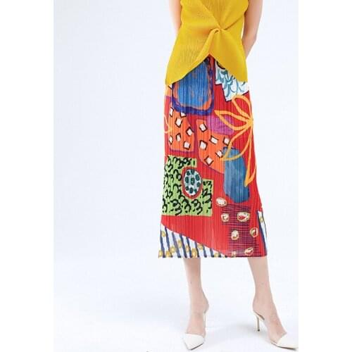 Issey Miyake pleated long skirt female 2021 summer new style niche design French print fashion rainbow skirt women