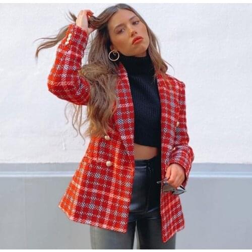 Ardm Coat Women 2020 Fashion Double Breasted Check Tweed Blazers Coat Vintage Long Sleeve With Buttons Female Outerwear Chic Top