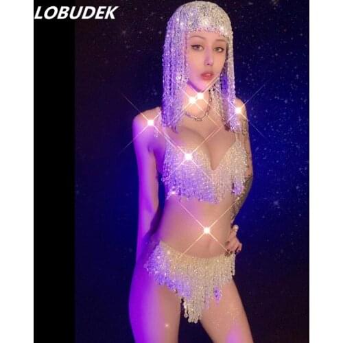 Nightclub Bar DJ Women Dancer Sexy Costume Pearl Beading Bikini Party Show Sexy Stage Wear Beads Bra Shorts Wig 3-Pieces Set