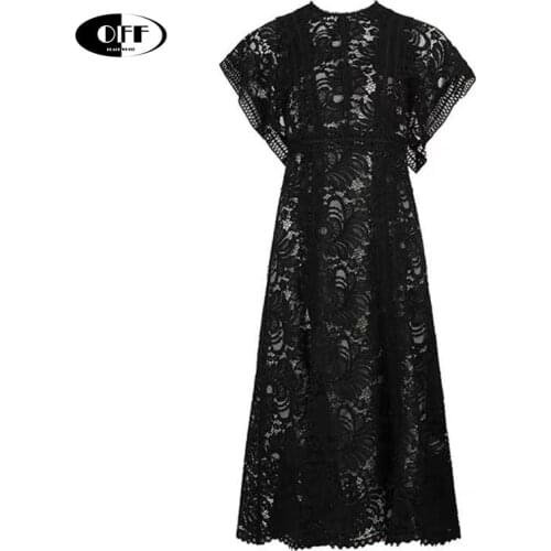 Designer Party Evening Midi Dresses For Women Summer Black Lace Hollow Out Ruffles Vintage Floral Short Sleeve Lady Dress Femme