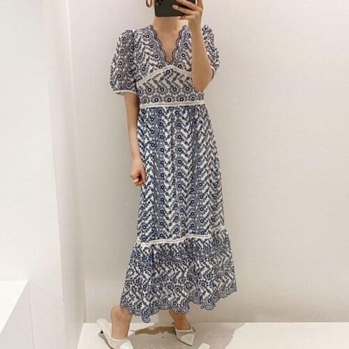Women Blue High Waist Hook Flower Hollow Long Dress New V-Neck Short Puff Sleeve Loose Fashion Tide Summer 2021 Z441