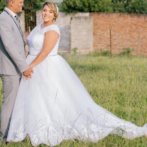 Plus Size Wedding Dress Scoop Cap Sleeve Lace Wedding Dresses Bridal Gowns A-line Tulle Beading Belt Robe De Mariage