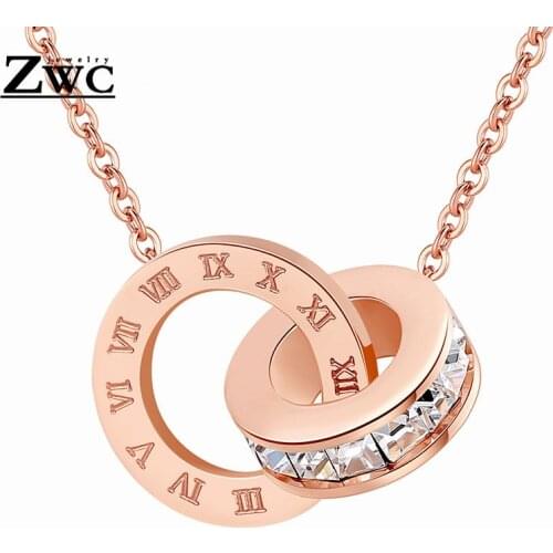 ZWC Fashion Charm Roman Numeral Zircon Necklace For Woman Girl Temperament Titanium Steel Double Circle Pendant Necklace Jewelry