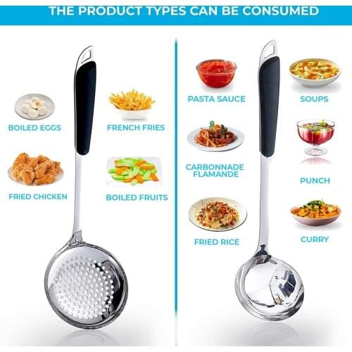 2 Pcs Stainless Steel Soup Ladle Skimmer Slotted Spoon with Heat Resistant Long Handle for Kitchen or Restaurant 14 Inch
