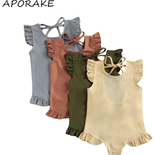 2021 1-6Y Toddlers Summer Swimwear Solid Color O-Neck Ruffle Sleeve Lacing Backless Swimsuit for Little Girls Holiday Beachwear