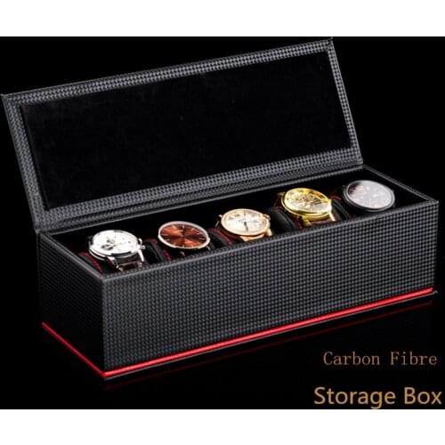 5 Slots Leather Watch Storage Boxes Case Black Carbon Fibre Watch Display Organizer Mens Mechanical Watch Gift Case Holder