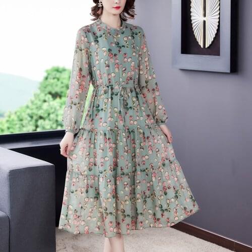Chikichi Office Lady Vintage Chiffon Dress Women Spring 2021 New Long Casual Temperament Plus Size Polka-dot Printed Dress