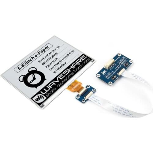 Waveshare 5.83inch E-Paper E-Ink Display HAT For Raspberry Pi, 648×480 Pixels, Black / White Dual-Color, SPI Interface