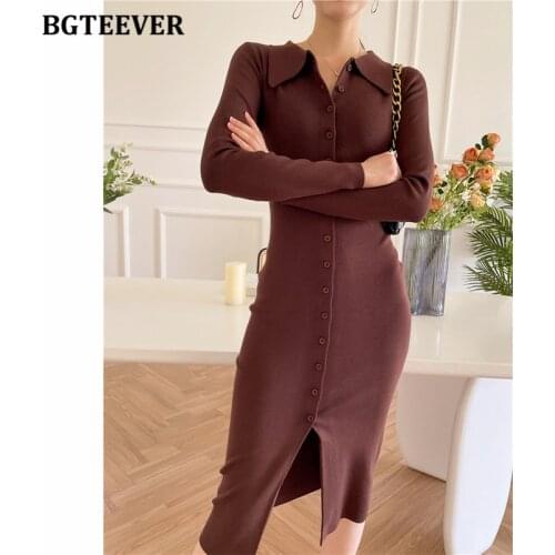 BGTEEVER Elegant Turndown Collar Single-breasted Sweater Dress Women Autumn Long Sleeve Women Knit Maxi Dresses robe femme 2021