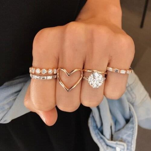 5pcs/Set Fashion Ring Jewelry Love Heart Zircon Heart Shape Ring Statement All-match Ring Set Rings For Women Anillos Mujer