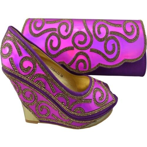 Nice looking African shoes matching handbag sets with nice decoration for party 1308-L32 fuchsia, high heel 10cm