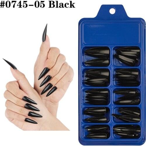 Lamemoria 100Pcs Black Solid Colors Long False Nails Stiletto Tips Fake Nail UV Gel Manicure Easy Apply Artificial Nails Salon