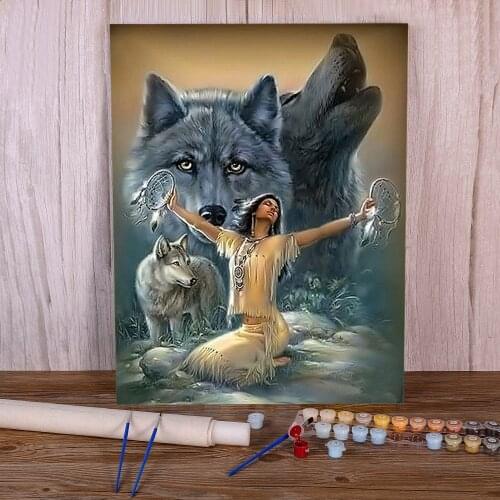 Indian Wolf Animal DIY Paint By Numbers Set Oil Paints 40*50 Canvas Pictures Handmade For Kids For Drawing Handicraft Art