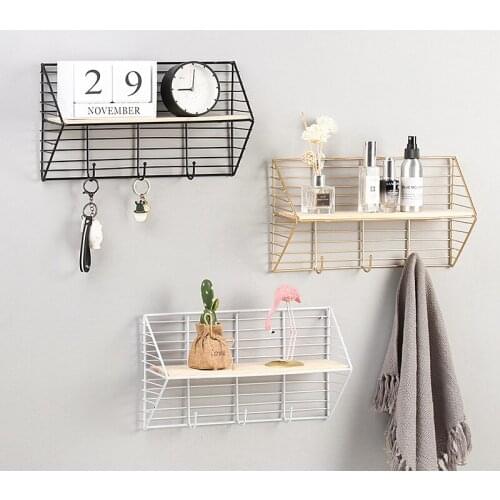 Simple modern multi-functional iron wall hook shelf home bathroom cosmetics storage shelf wholesale