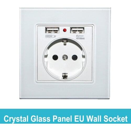 EU Standard Wall Socket with USB Ports Crystal Glass Panel High Quality Power Socket AC110-265V for Germany Poland Russia Israel