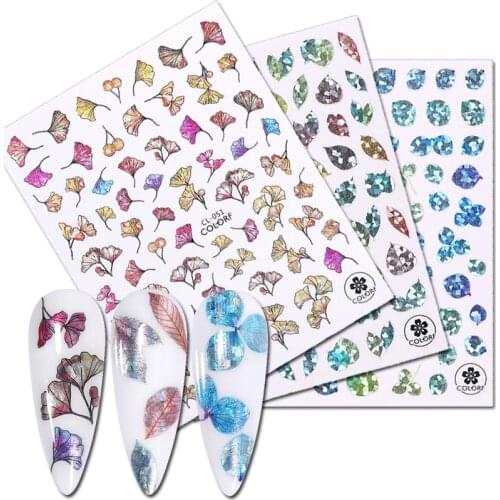 Laser Fan Leaf 3D Nail Stickers Dried Flower Self adhensive Transfer Sliders Shiny Nail Art Decorations Lucky Clover Foils