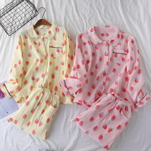 Autumn Gauze Water Texture Crepe Pajamas for Women Cotton Cartoon Pyjamas Long Sleeve Loungewear Women Pijama Mujer Home Clothes