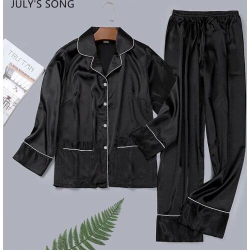 JULYS SONG 2 Pieces Woman Pajamas Set Satin Ice Silk Spring Autumn Sleepwear Solid Color Long Sleeve Trousers Casual Suit