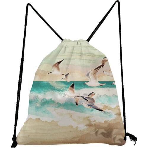 Sandy Beach Seagull Print Backpack Unisex Drawstring Bags Casual Softback Bag Landscape Storage Bag Portable Shoe Bag for School